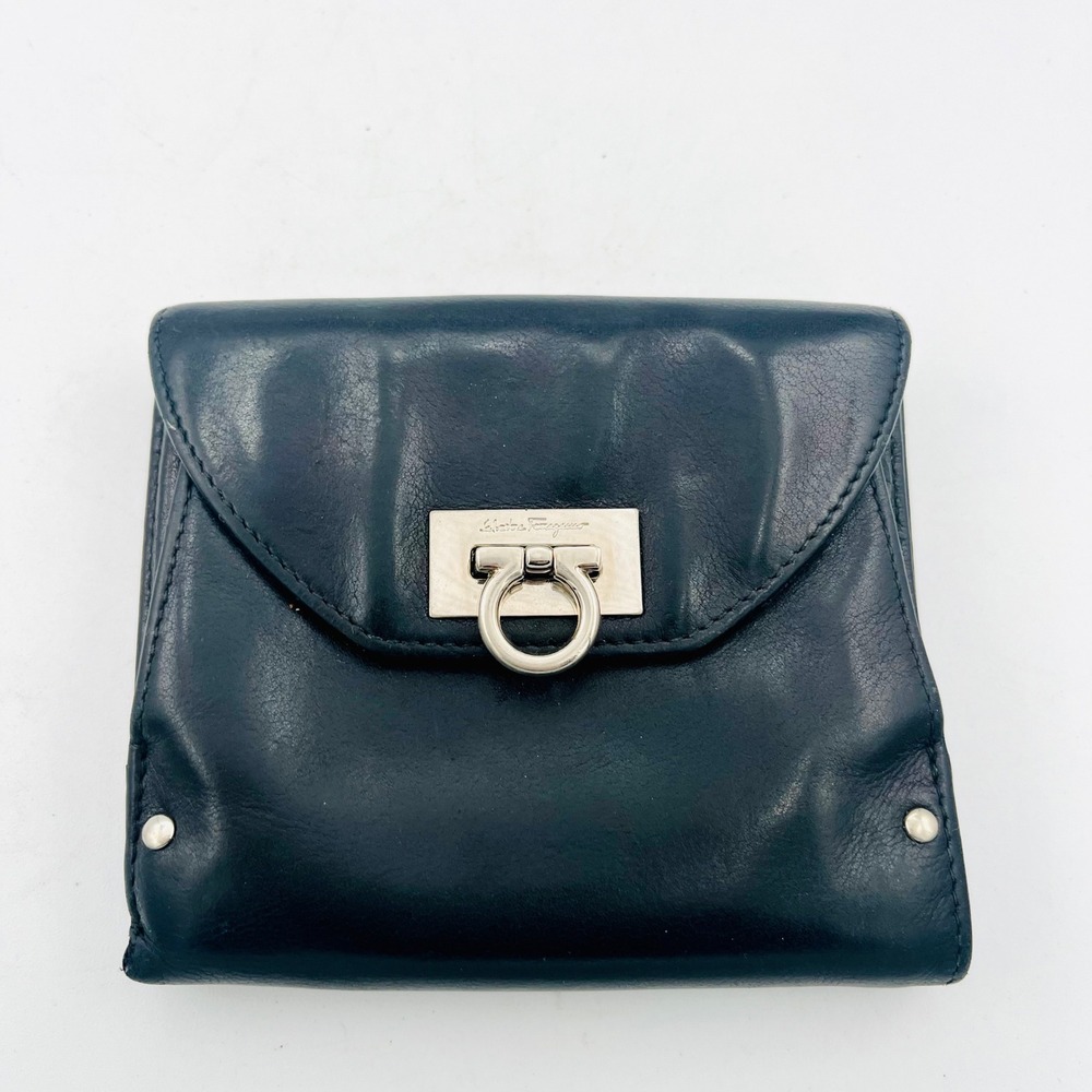 Salvatore Ferragamo Black Leather Gancini Bifold Wallet Made in Italy